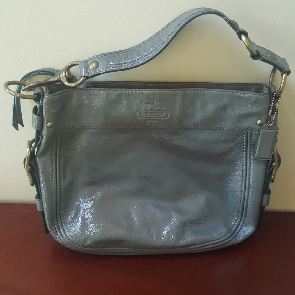 Gray Patent Leather Coach Shoulder Bag w/ brass